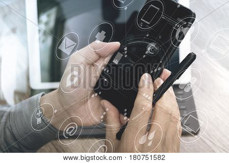Hand Using Mobile Payments Online Shoppingomni Channelicon Customer Networkin Modern Office Wooden D