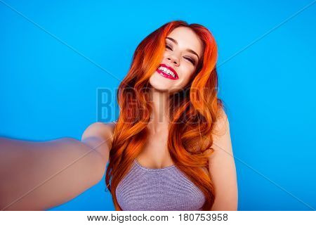 Portrait Of Trendy  Charming Stylish Funny Happy Carefree Girl With Ginger Curly Hair,cute Face And