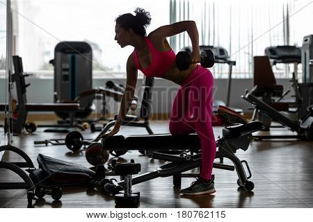 Fitness gym woman strength training lifting dumbbell weights in Bent-over One-Arm Dumbbell Row. Female fitness girl exercising indoor in fitness center. 