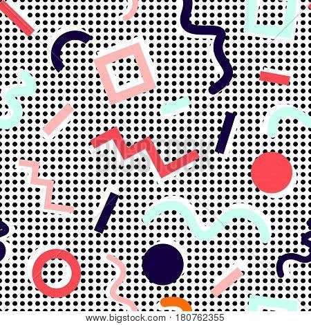 Memphis seamless pattern of multi-colored geometric shapes, red, blue, beige, blue, black, with a white shadow on a white background with black circles, in the style of the 80's