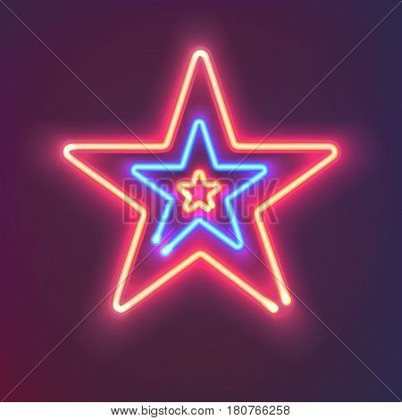 Three shining neon stars with warm and cold light. Mysterious bright sign board for your design. Vector illustration.