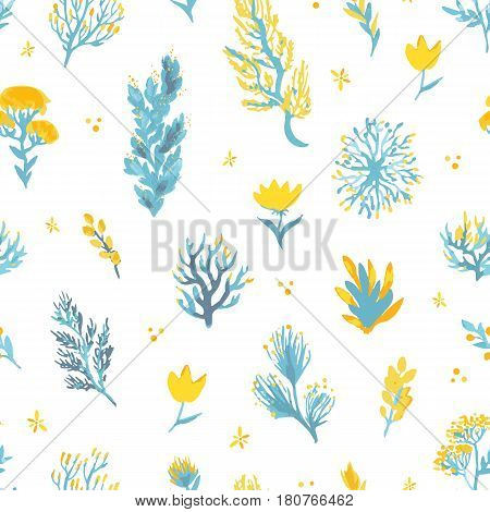 Vector hand drawn wild plants seamless pattern. Field plants illustration in blue and yellow colors for textile, scrapbooking, backdrop.