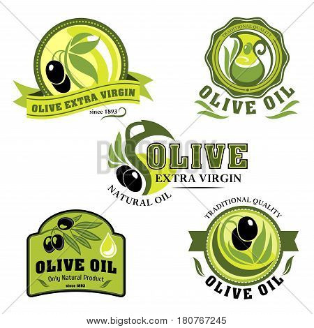 Olive oil product icons of vector green and black olives, bottles and pitchers. Extra virgin olive oil drops for natural organic food store, cooking and cosmetic or pharmaceutical industry