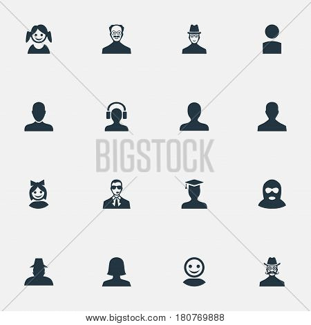 Vector Illustration Set Of Simple Member Icons. Elements Portrait, Whiskers Man, Girl Face And Other Synonyms Female, Student And Culprit.