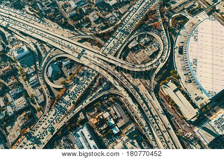 Aerial View Of A Freeway Intersection In Los Angeles