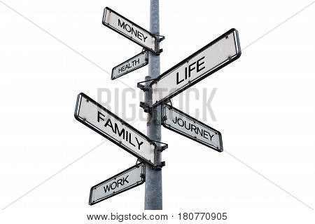 Life balance choices signpost, isolated on white background