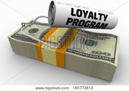 Dangerous loyalty program. Mousetrap from pack of American dollars with bait in form of sheet with text 