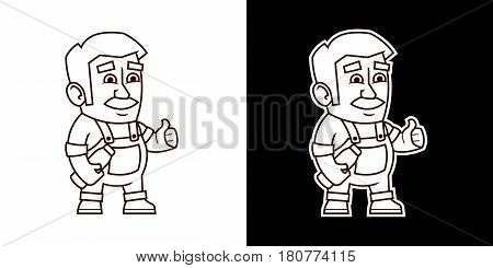 Local market farmer holding a bottle of milk in his hands. Vector illustration with set of characters. Black and white. Thin lines. Isolated on white and dark black background.