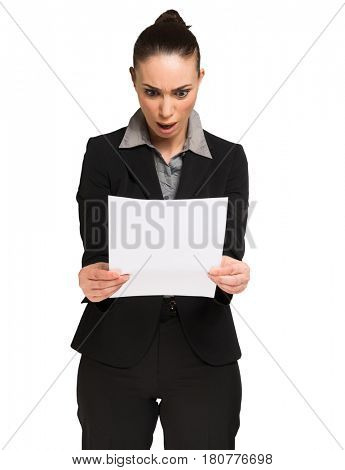 Astonished woman reading a document. Isolated on white