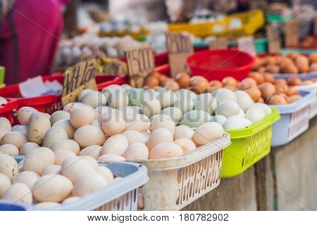 The Eggs - Chicken And Quail In The Wicker Basket On The Vietnamese Market. Asian Food Concept
