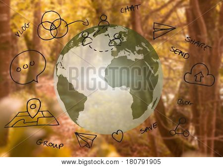 Digital composite of 3D earth and graphic about internet with forest background