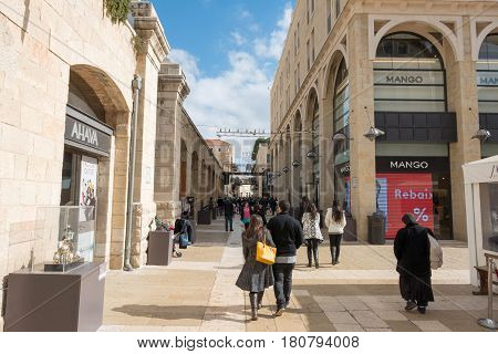Jerusalem, Israel - December 30, 2016 :  Mamilla shopping street sign. Located by Jaffa gate, Mamilla Avenue, is an upscale shopping street and the only open-air mall in Jerusalem.