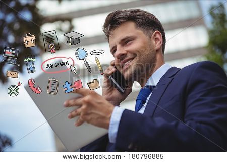 Digital composite of Happy businessman using smart phone and digital tablet with various job search icons