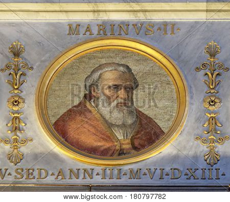 ROME, ITALY - SEPTEMBER 05, 2016: The icon on the dome with the image of Pope Marinus II, was Pope from 30 October 942 to his death in 946., basilica of Saint Paul Outside the Walls, Rome, Italy