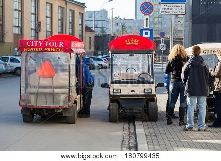 CRACOW POLAND - FEBRUARY 14 2016: Guided City Tour Car in Krakow. Poland