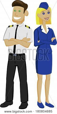 pilot and stewardess standing  with arms across   back to back as team