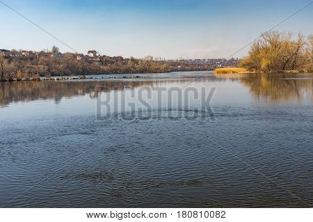 Early spring landscape with Dnepr river near Dnepr city Ukraine