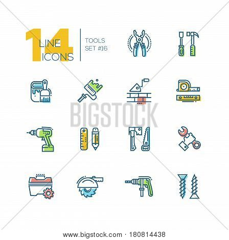 Tools - colored modern vector single line icons set. Pliers, screwdriver, hammer, paint, brush, roller, brick, trowel, tapeline, level, drill, pencil, ruler, saw, axe, wrench, hand, toolbox
