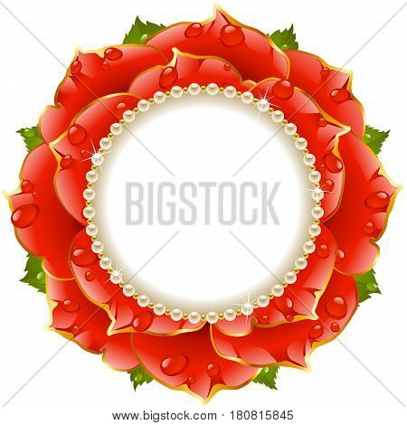 Red Floral Circle Frame. Flower of Rose and Pearl Border Isolated on White Background. Round Valentines Day Card, Wedding Invitation or Romantic Lovely Design. Vector Illustration