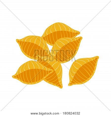 Conchiglie pasta. Uncooked italian pasta, macaroni, cartoon illustration isolated on a white background