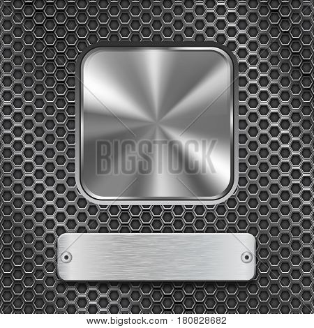 Metal square button with rectangle plate on stainless steel perforated background. Vector 3d illustration