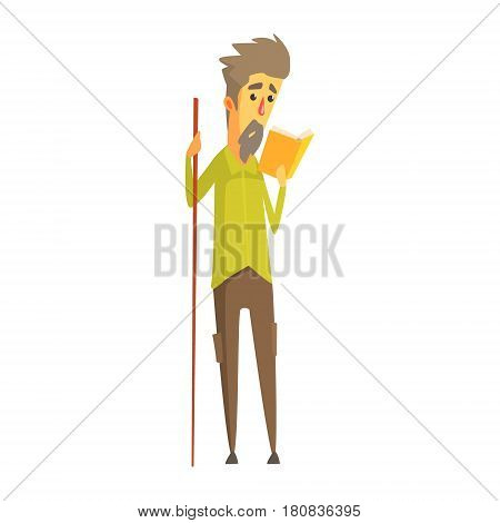 Bearded man holding a long wooden pointer and reading a book. Education, study and literature. Colorful cartoon character isolated on a white background