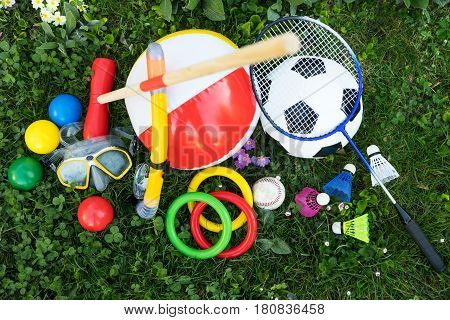 spring or summer with various outdoor fun equipment topview
