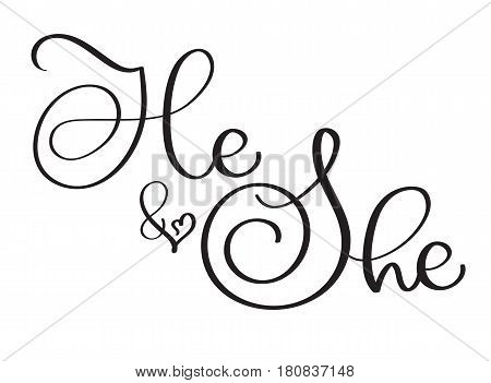 He and She text on white background. Hand drawn vintage Calligraphy lettering Vector illustration EPS10.