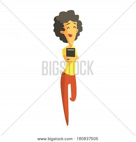 Smiling brunette girl standing and holding a book in her hands. Education, study and literature. Colorful cartoon character isolated on a white background
