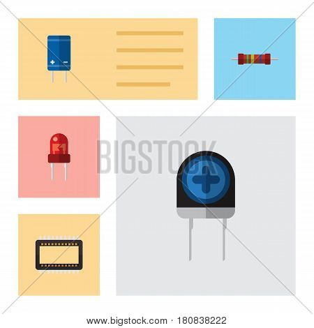 Flat Electronics Set Of Transistor, Transducer, Recipient And Other Vector Objects. Also Includes Mainframe, Resistance, Resistor Elements.