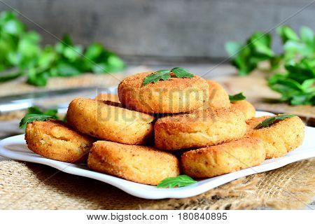 Chickpea fritters on a plate. Fried vegetarian fritters made with chickpeas puree. Meatless meal idea. Rustic stile. Closeup