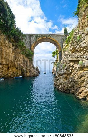 Italy Amalfitana Coast tre bridge of the route 163 seen from the Furore fjord