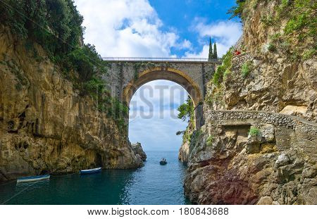 Italy Amalfitana Coast tre bridge of the route 163 seen from the Furore fjord