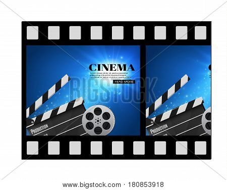 Cinema Background With Movie.Blue background with light star.Clapper Board. Vector Flyer Or Poster. Illustration Of Film Industry. Template For Your Design