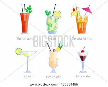 Set of alcoholic cocktails isolated fruit cold drinks tropical cosmopolitan freshness collection and party alcohol sweet tequila vector illustration. Juice with refreshment rum restaurant beverage.