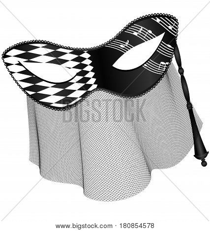 light background, black white carnival half mask with veil and stick