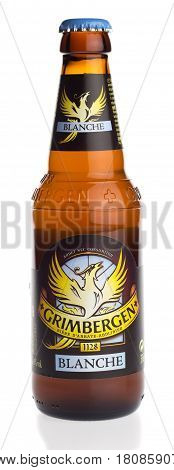 GRONINGEN, NETHERLANDS - APRIL 07, 2017: Bottle of Grimbergen Blond beer isolated on a white background