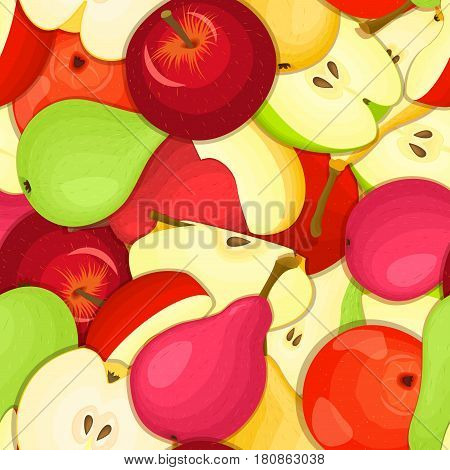 Ripe juicy pear apple seamless background. Vector card illustration. Closely spaced fresh fruits peeled, piece of half, slice, flower. Pear apple seamless pattern for packaging design food, juce.
