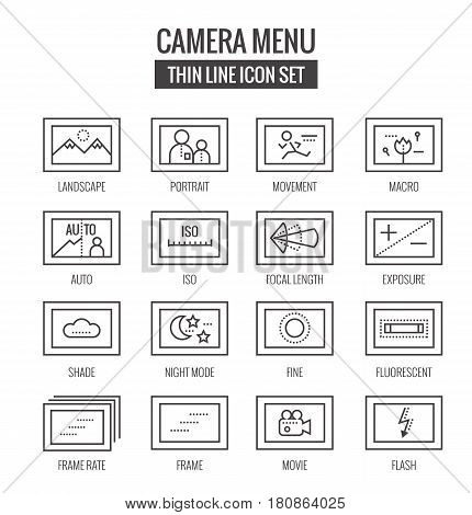 Camera menu and function Icons. flat thin line design. vector eps10