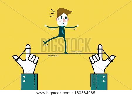 Businessman walking on line control by big hand. business risk concept. flat thin line design elements. vector illustration
