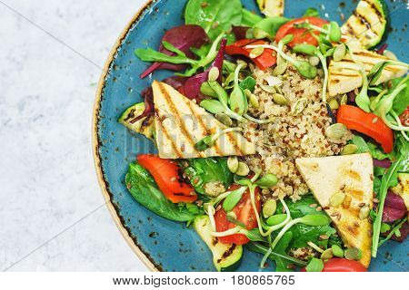 Delicious vegetarian salad with tofu and vegetables. A plate of tasty and healthy food - vitamins and health. Soft focus.