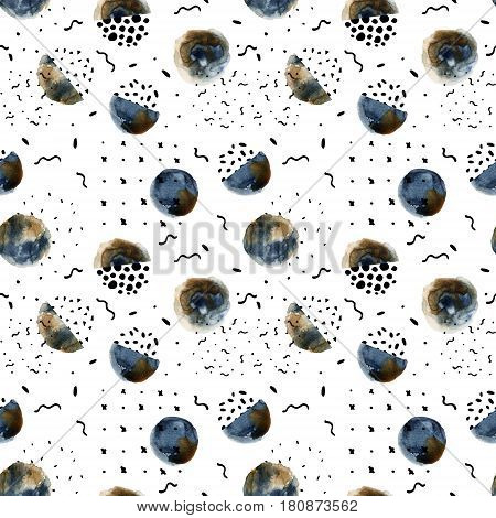 Abstract watercolor circles background : brush stroke doodle paper texture. Water color painting and ink scribble seamless pattern. Hand painted illustration in memphis style