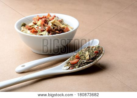 spicy fragrant mixture with mushrooms vegetables and herbs