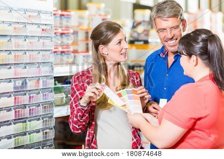 Home improvement store clerk counseling customers about choice of colour for wall paint