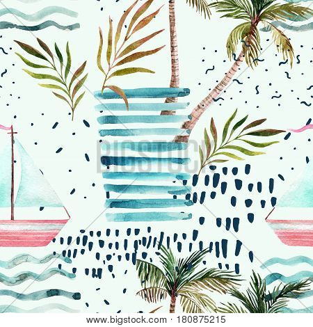 Abstract summer seamless pattern. Watercolor sailboat palm tree leaves grunge textures doodles brush strokes. Water color background in minimalistic style. Hand painted tropical illustration