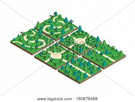 Isometric view projection summer landscape. Nature appearance of park with trees. Set for design your own location. Stock vector.