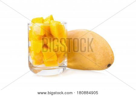 Mango fruit and mango cubes on the white background.