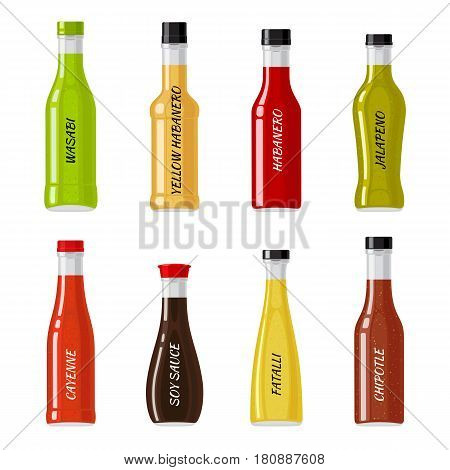 Set of glass bottles full of hot sauces. Colorful spicy seasonings in shaped bottles flat vector illustrations isolated on white. National cuisine ingredients collection for icons, logos and web