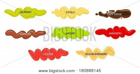 Hot sauces spilled stripes set. Colorful blobs of various popular seasoning flat vector illustration isolated on white background. National cuisines spicy ingredients collection for icon, logo and web
