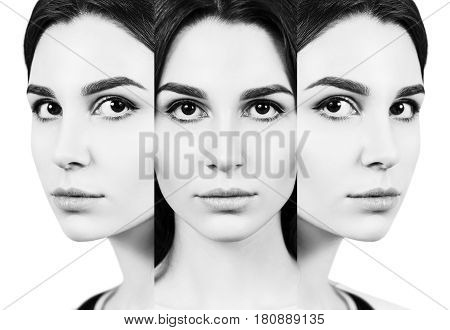 Collage of young beautiful woman's faces over white background. Beauty concept.